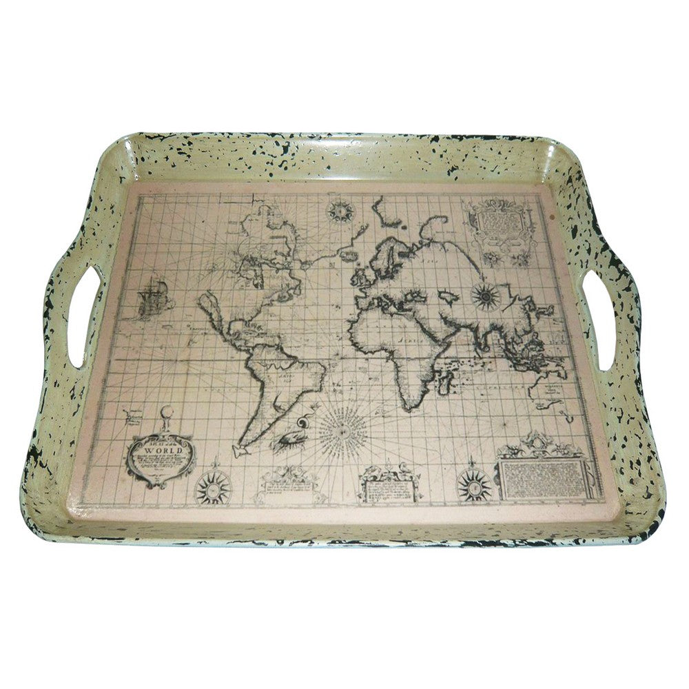 Traditional Rugged Designed Tray with World Map Printed, Black and White - BM210376