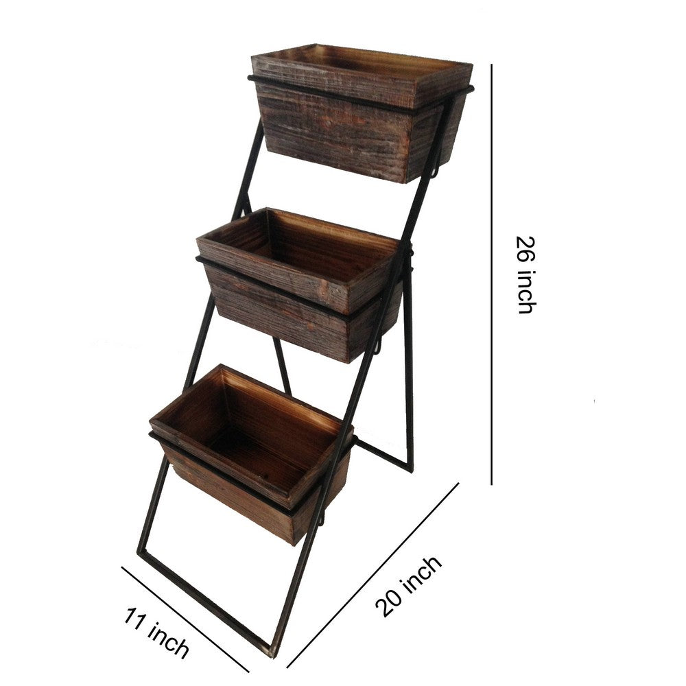 Transitional Wooden 3 Tier Garden Planter with Metal Frame, Brown and Black - BM210382