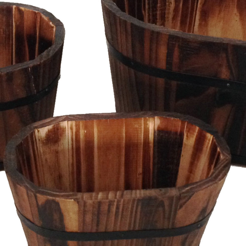 Traditional Oval Shaped Wooden Planters with Narrow Bottom, Set of 3, Brown - BM210383