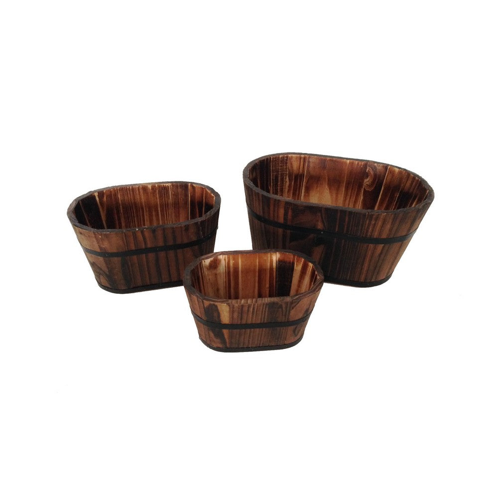 Traditional Oval Shaped Wooden Planters with Narrow Bottom, Set of 3, Brown - BM210383