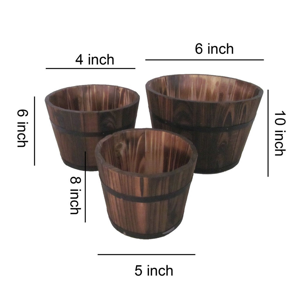 Traditional Round Shape Wooden Planters with Narrow Bottom, Set of 3, Brown - BM210385