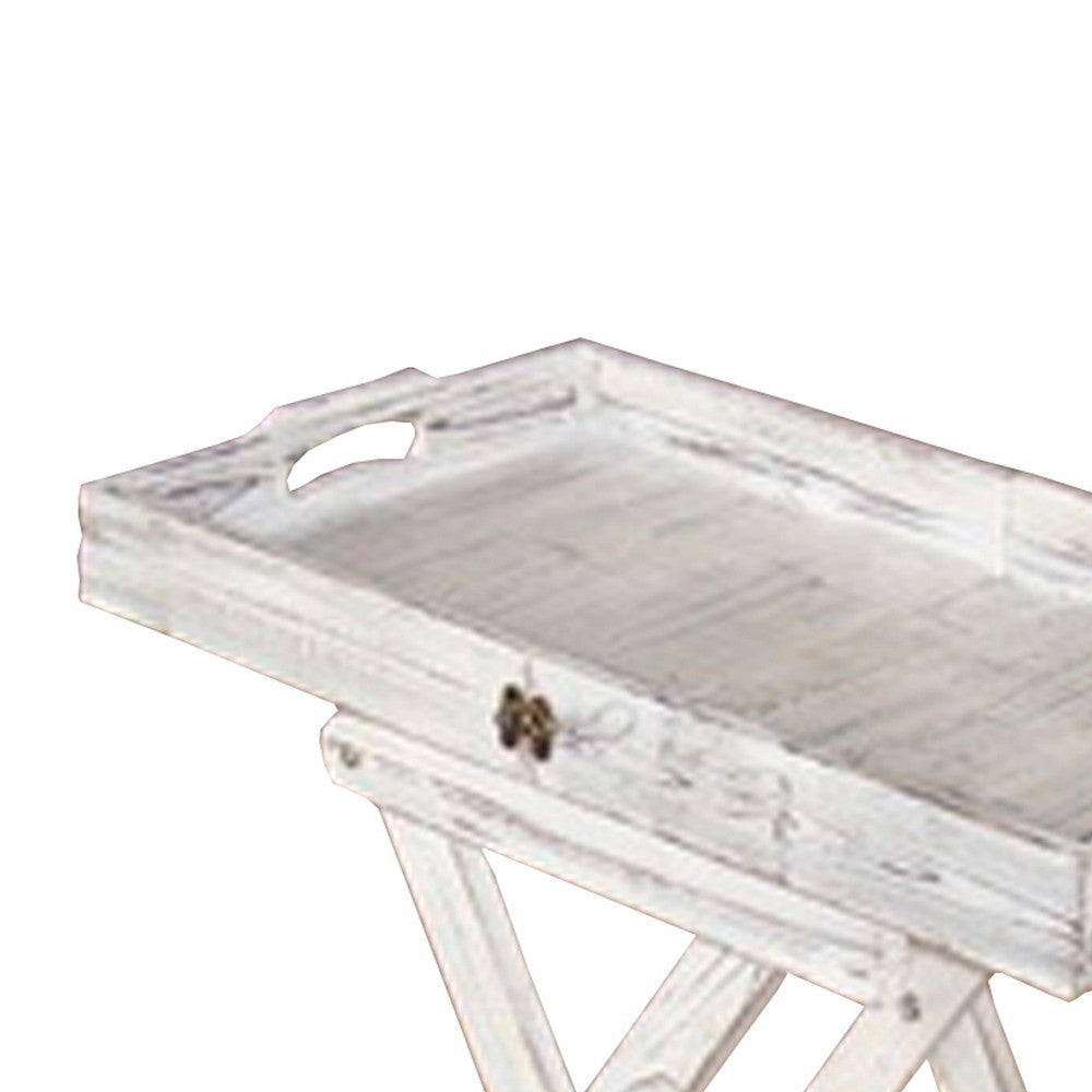Transitional Rustic Finish Wooden Tray with Foldable Leg Support, White - BM210389