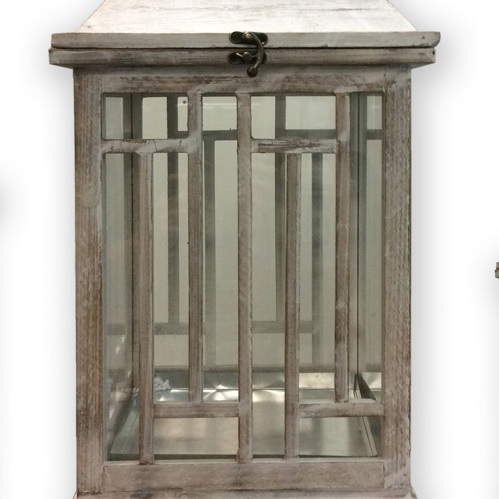 Wooden Lanterns with Peak Shaped Top and Glass Sides, Set of 3, Gray - BM210395