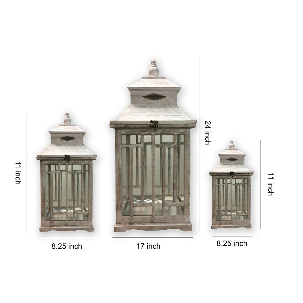 Wooden Lanterns with Peak Shaped Top and Glass Sides, Set of 3, Gray - BM210395