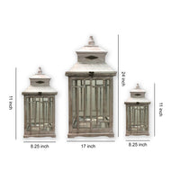 Wooden Lanterns with Peak Shaped Top and Glass Sides, Set of 3, Gray - BM210395