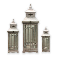 Wooden Lanterns with Peak Shaped Top and Glass Sides, Set of 3, Gray - BM210395