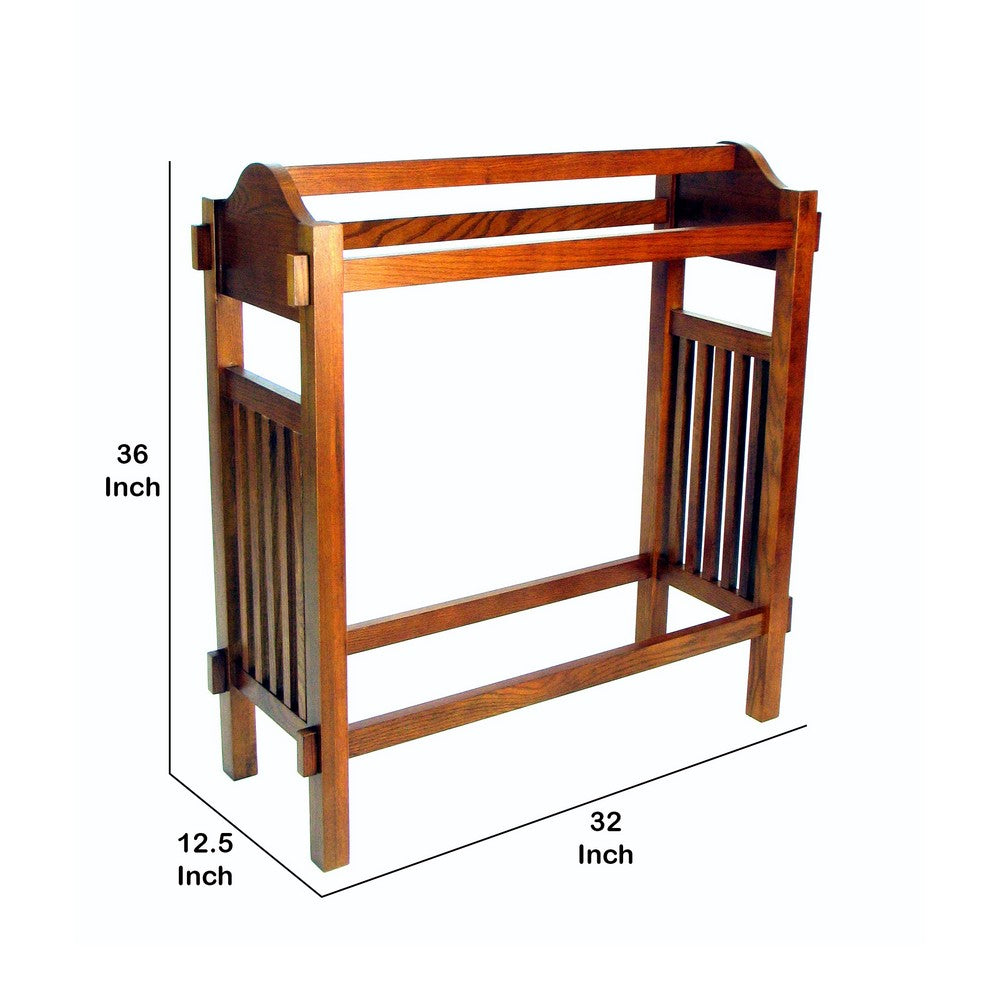 Wooden Mission Style Quilt Rack with 3 Hanging Bars on Scrolled Top, Brown - BM210416