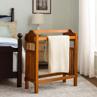 Wooden Mission Style Quilt Rack with 3 Hanging Bars on Scrolled Top, Brown - BM210416