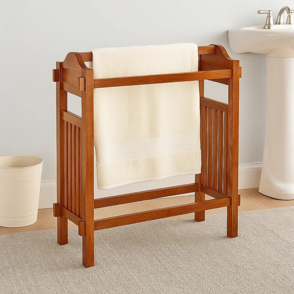 Wooden Mission Style Quilt Rack with 3 Hanging Bars on Scrolled Top, Brown - BM210416