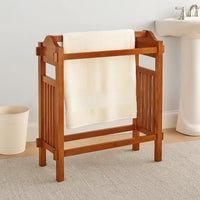 Wooden Mission Style Quilt Rack with 3 Hanging Bars on Scrolled Top, Brown - BM210416