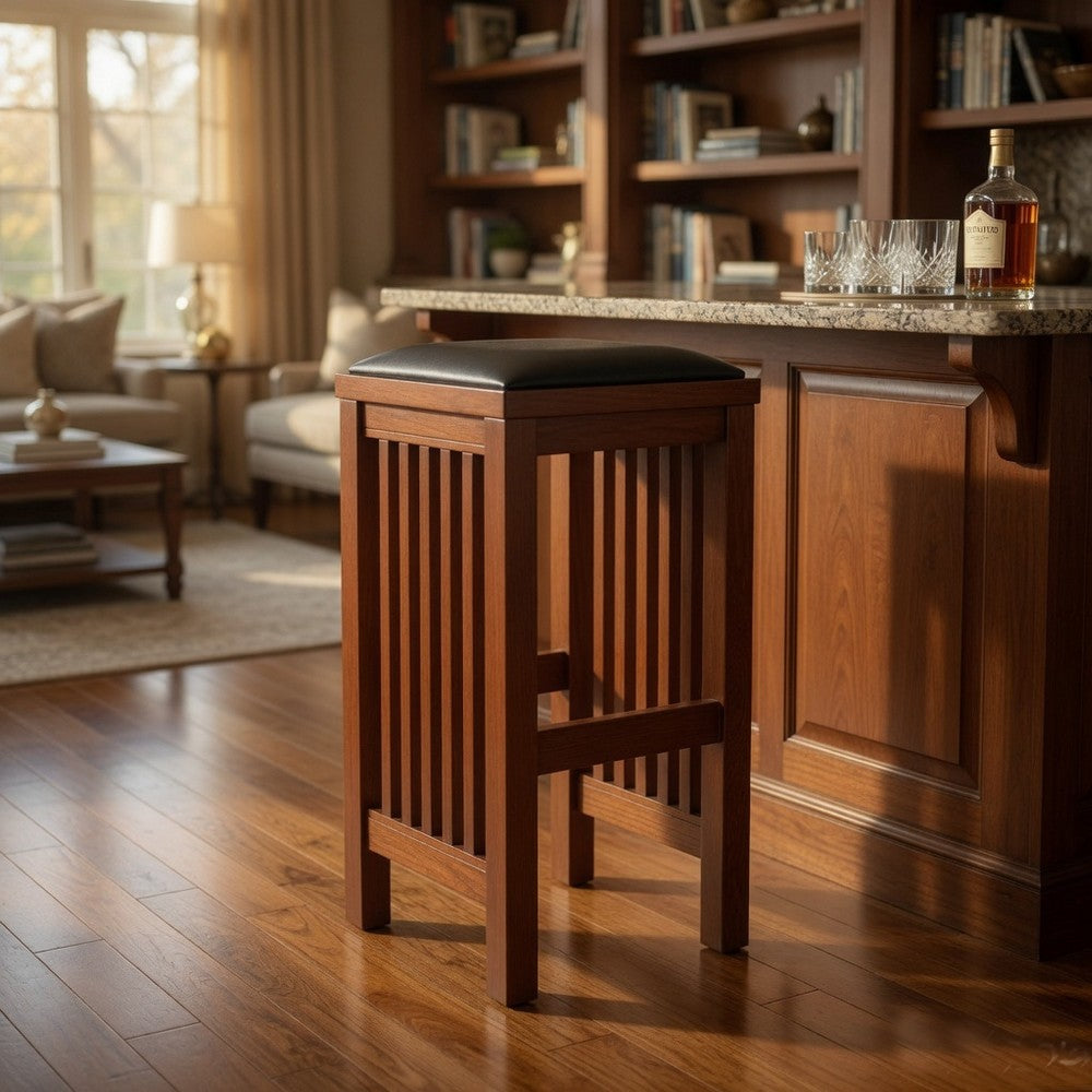 Faux Leather Upholstered Wooden Backless Barstool, Oak Brown - BM210425