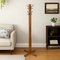 Wooden Coat Stand with X Frame Base and Metal Hooks, Oak Brown - BM210430