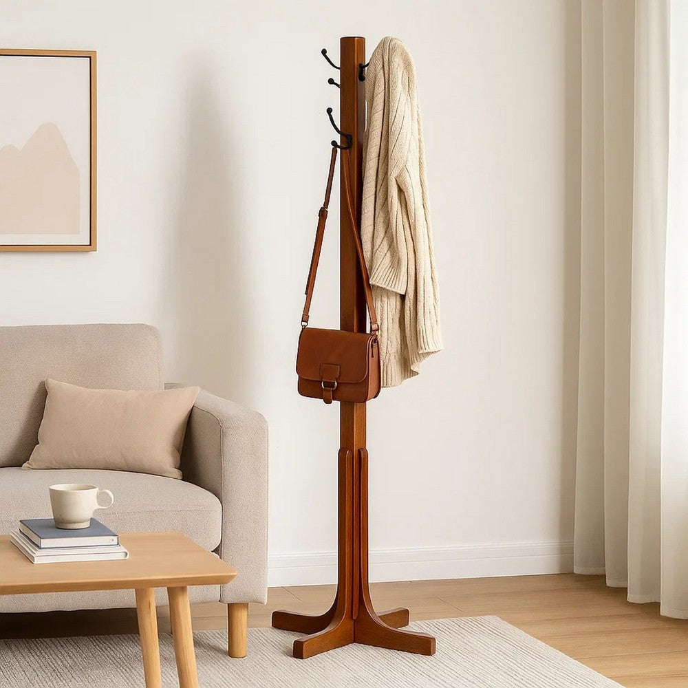 Wooden Coat Stand with X Frame Base and Metal Hooks, Oak Brown - BM210430