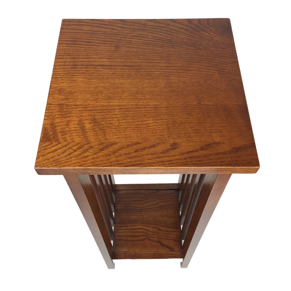30 Inch Wooden Flower Stand with Bottom Shelf and Slatted Sides, Brown - BM210432