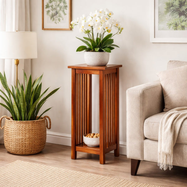 30 Inch Wooden Flower Stand with Bottom Shelf and Slatted Sides, Brown - BM210432
