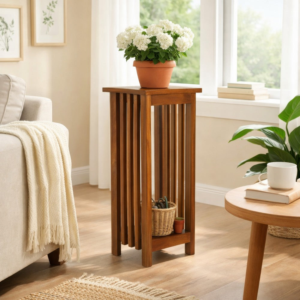 30 Inch Wooden Flower Stand with Bottom Shelf and Slatted Sides, Brown - BM210432