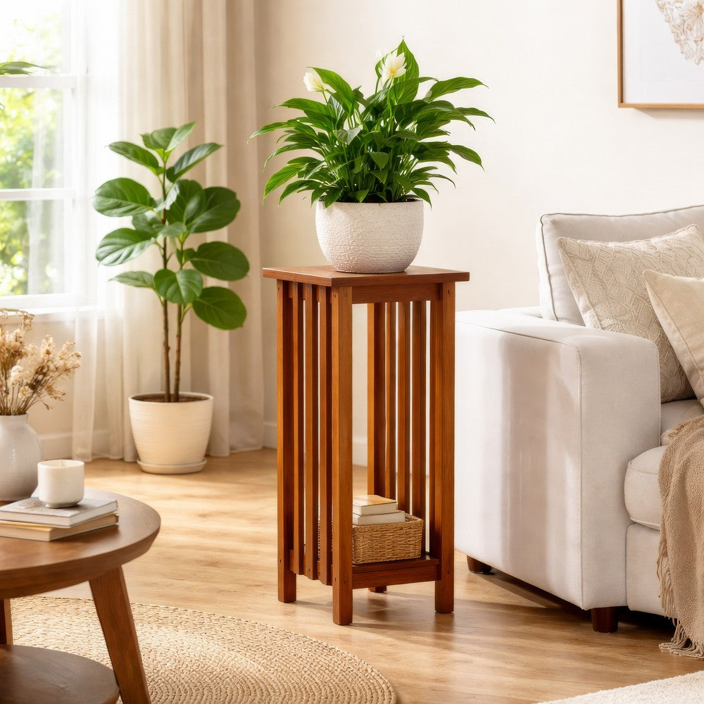 30 Inch Wooden Flower Stand with Bottom Shelf and Slatted Sides, Brown - BM210432