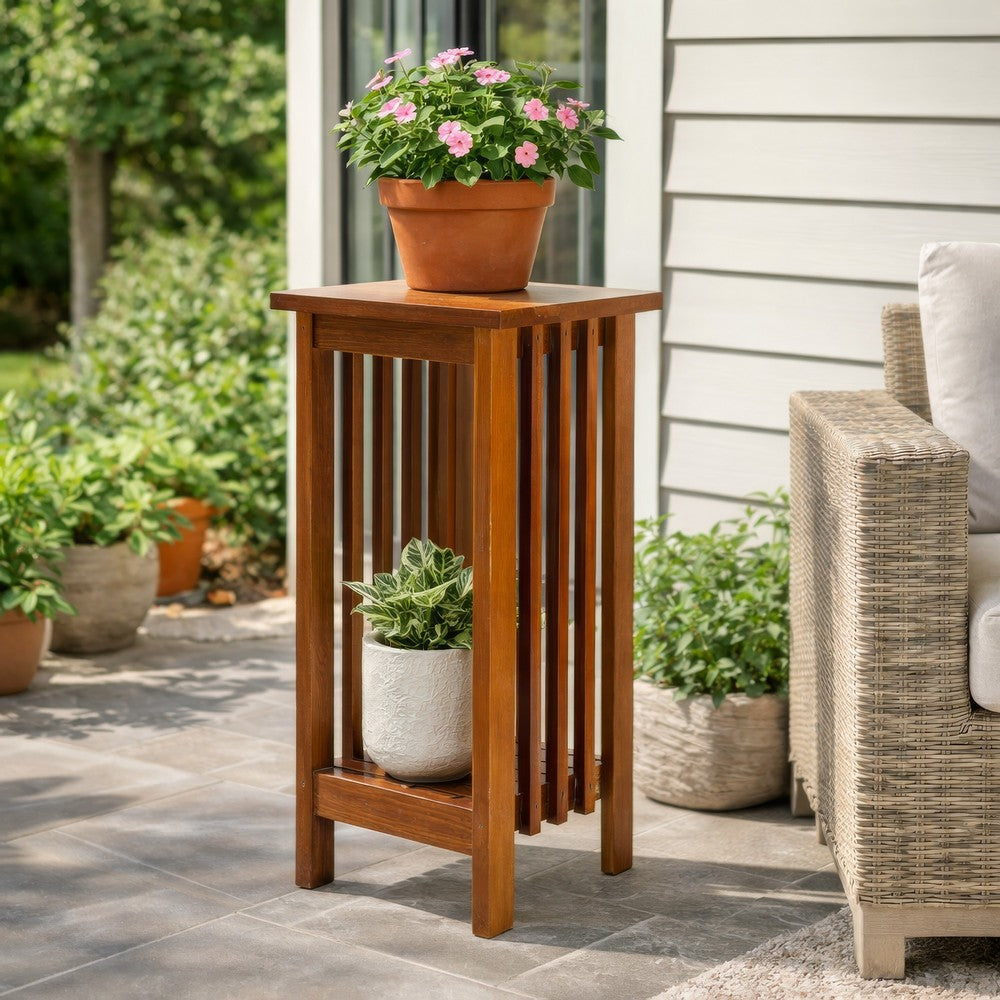 25 Inch Wooden Flower Stand with Slatted Sides and Bottom Shelf, Brown - BM210436