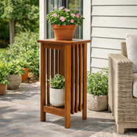 25 Inch Wooden Flower Stand with Slatted Sides and Bottom Shelf, Brown - BM210436