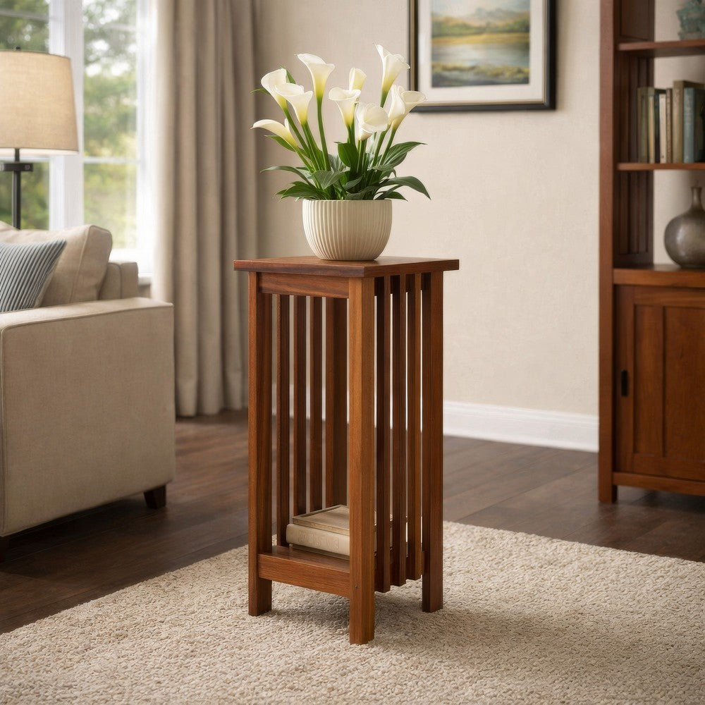25 Inch Wooden Flower Stand with Slatted Sides and Bottom Shelf, Brown - BM210436