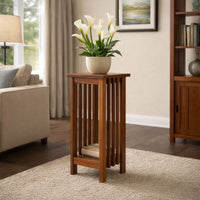 25 Inch Wooden Flower Stand with Slatted Sides and Bottom Shelf, Brown - BM210436