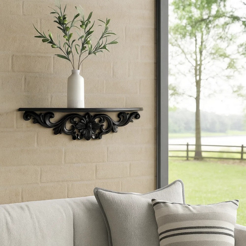 Hand Carved Wooden Moonbay Wall Shelf in Floral Design, Black - BM210437