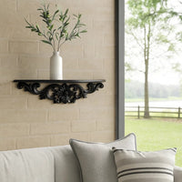 Hand Carved Wooden Moonbay Wall Shelf in Floral Design, Black - BM210437