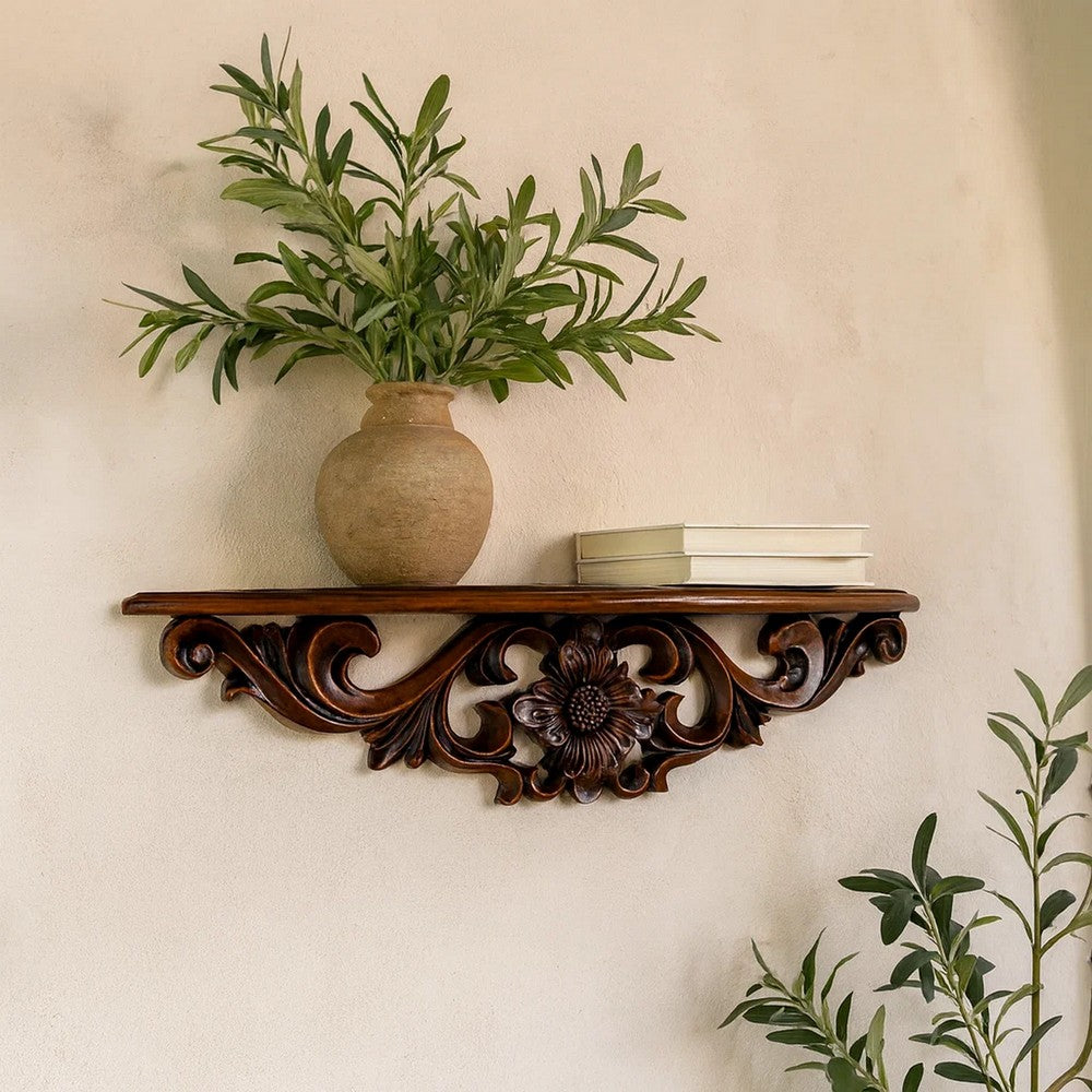floating shelf with hanging plants Benjara Hand Carved Wooden Floating Wall Shelf in Floral Design, Brown