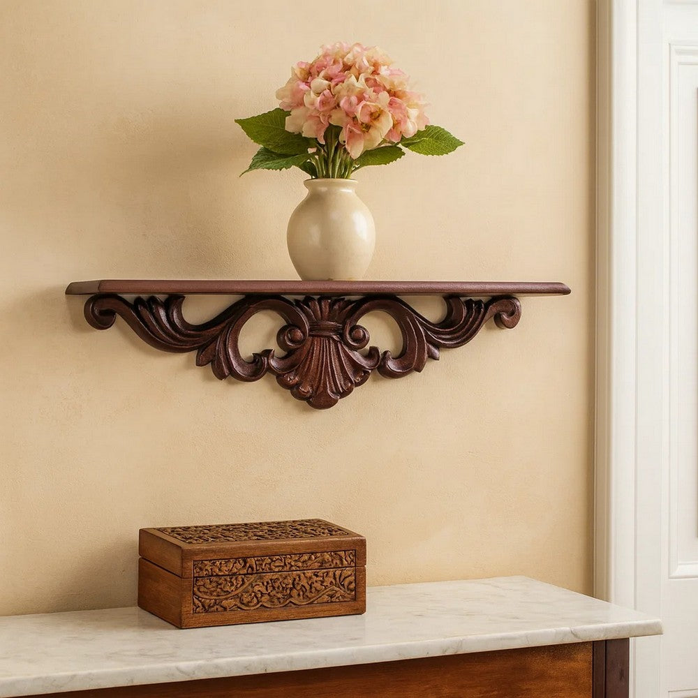 Hand Carved Wooden Wall Shelf with Floral Design Display, Brown - BM210442