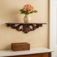 Hand Carved Wooden Wall Shelf with Floral Design Display, Brown - BM210442