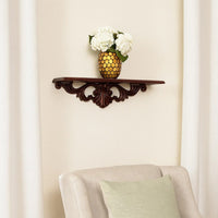 Hand Carved Wooden Wall Shelf with Floral Design Display, Brown - BM210442