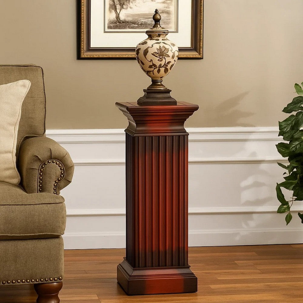 Benjara Transitional Style Square Top Pedestal Stand, Brown