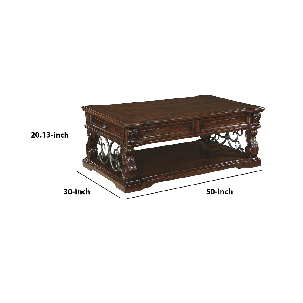 2 Drawer Scroll Lift Top Cocktail Table with Open Bottom Shelf in Brown - BM210634