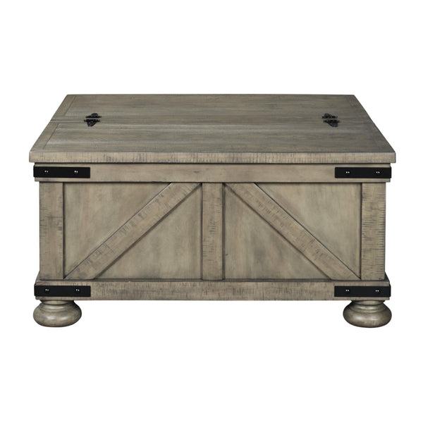 Farmhouse Cocktail Table with Lift Top Storage and Crossbuck details in Gray - BM210778