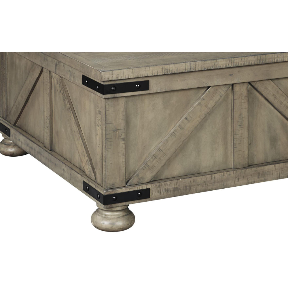 Farmhouse Cocktail Table with Lift Top Storage and Crossbuck details in Gray - BM210778