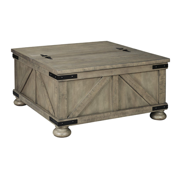 Farmhouse Cocktail Table with Lift Top Storage and Crossbuck details in Gray - BM210778