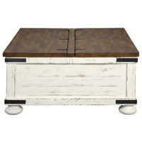 Farmhouse Two Tone Cocktail Table with Lift Top Storage in Brown and White - BM210779