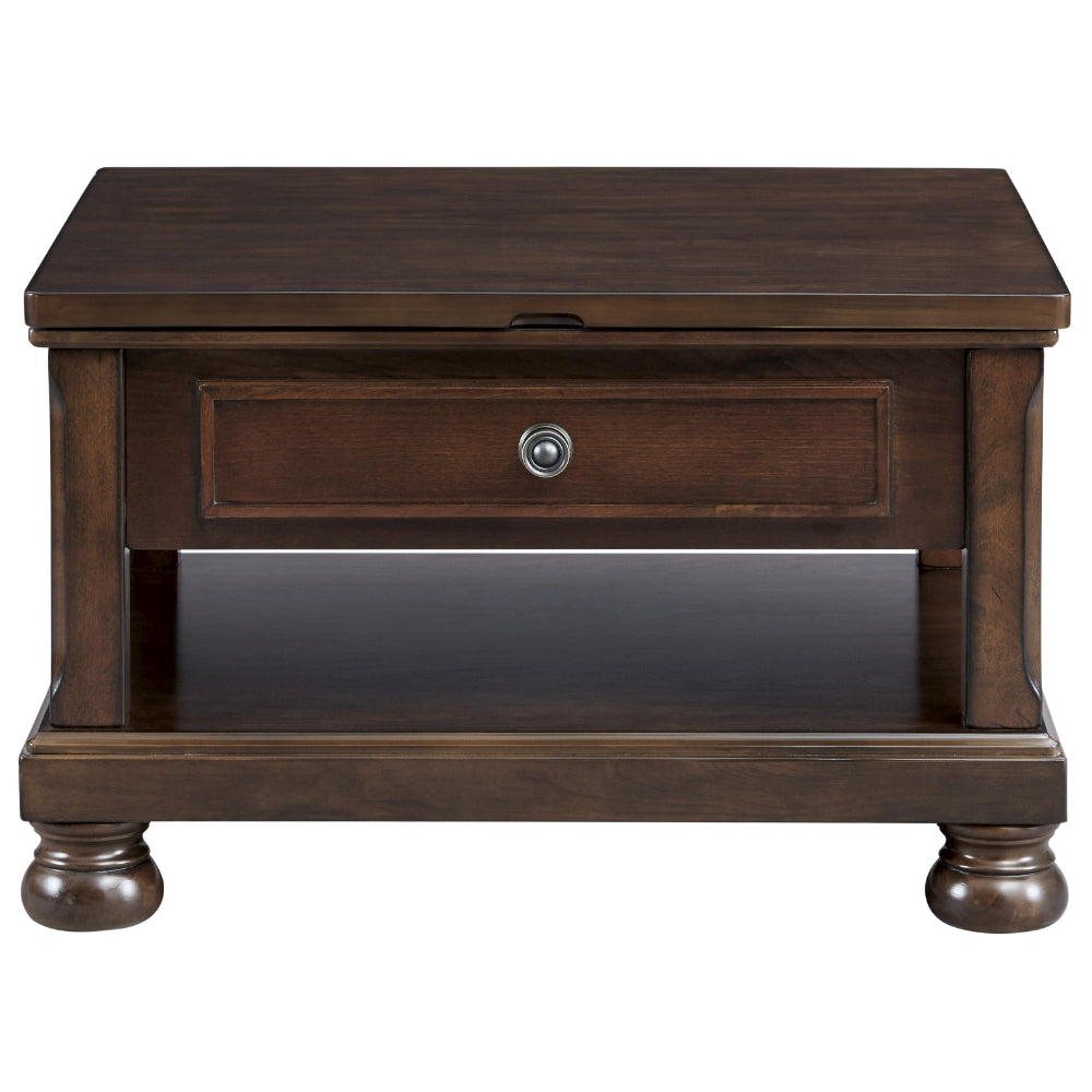Lift Top Cocktail Table with Open Bottom Shelf and Bun Feet in Brown - BM210818