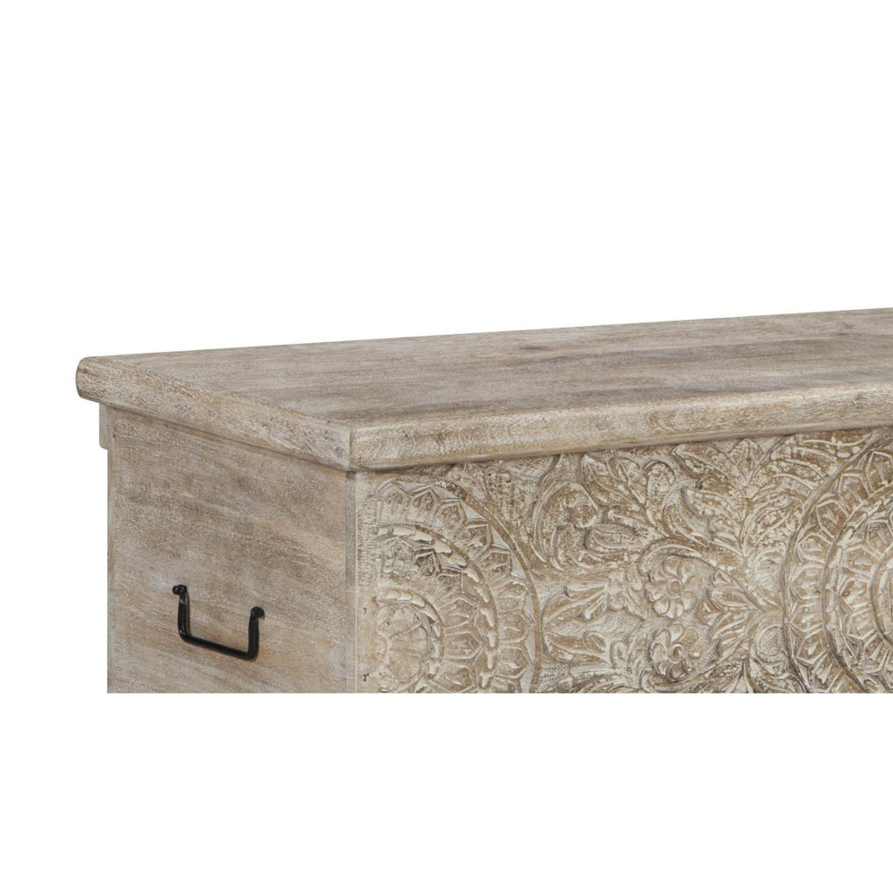 Medallion Pattern Wooden Storage Bench, Hinged Opening, Antique White, Black - BM210821