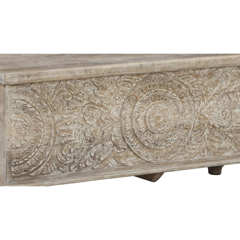 Medallion Pattern Wooden Storage Bench, Hinged Opening, Antique White, Black - BM210821