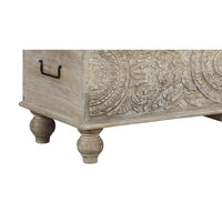 Medallion Pattern Wooden Storage Bench, Hinged Opening, Antique White, Black - BM210821