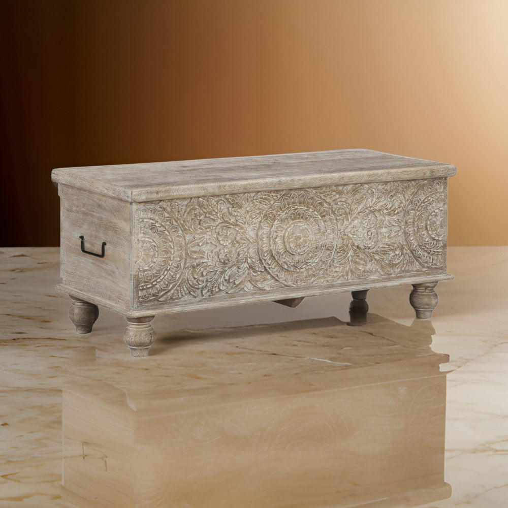 benzara Medallion Pattern Wooden Storage Bench Hinged Opening Antique White Black - BM210821