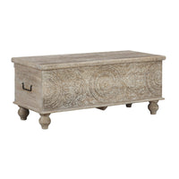 Medallion Pattern Wooden Storage Bench, Hinged Opening, Antique White, Black - BM210821