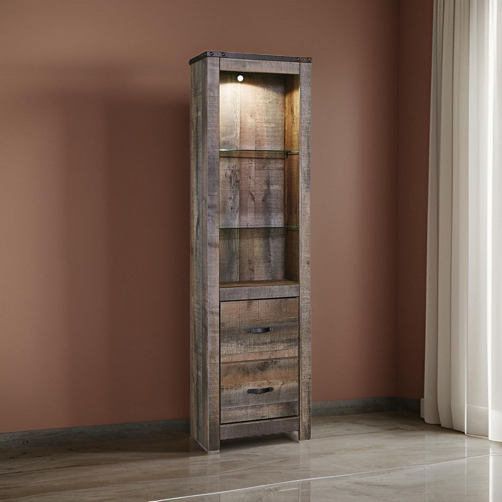 Tall Wooden Pier with 1 Door Cabinet and 2 Adjustable Glass Shelves in Brown - BM210896