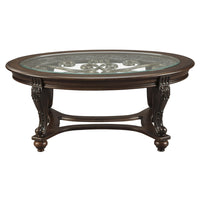 Traditional Wooden Oval Cocktail Table with Glass Top and Bun Feet in Brown - BM210911