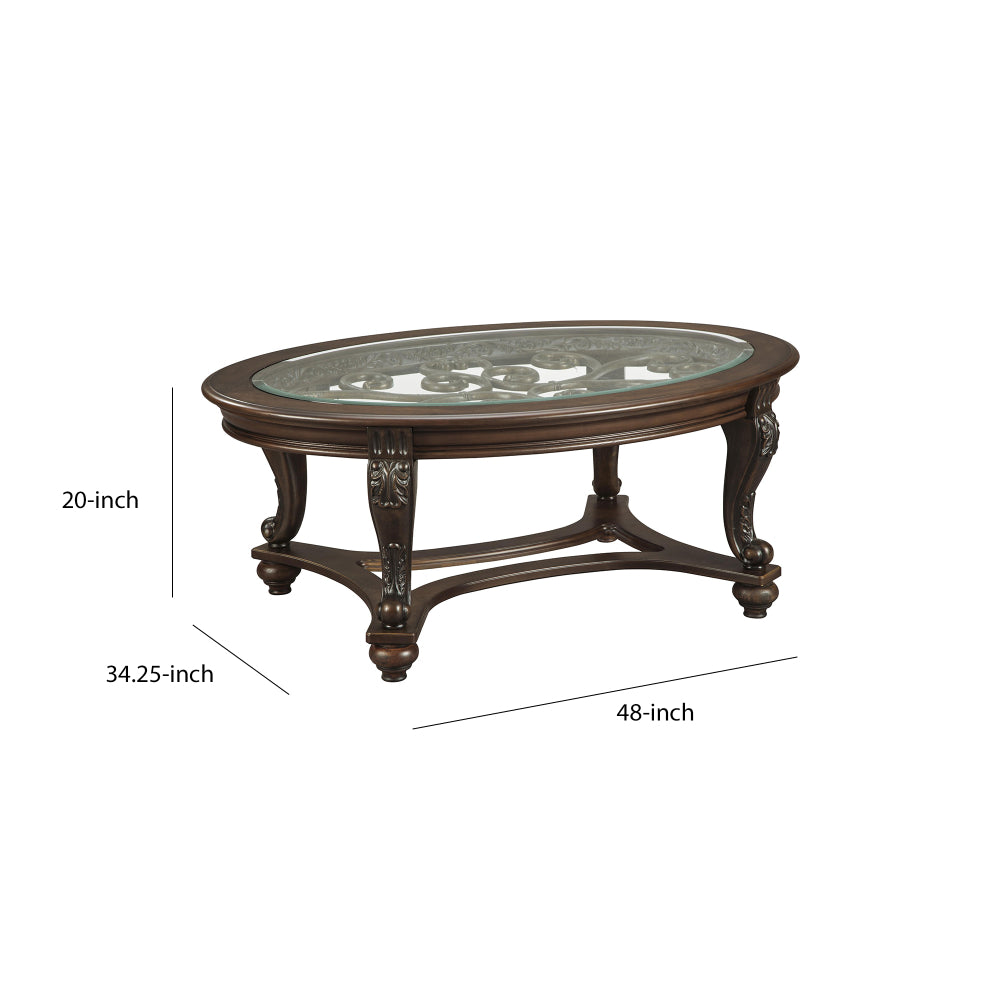 Traditional Wooden Oval Cocktail Table with Glass Top and Bun Feet in Brown - BM210911