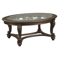 Traditional Wooden Oval Cocktail Table with Glass Top and Bun Feet in Brown - BM210911