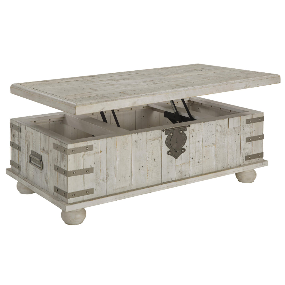 Wooden Lift Top Cocktail Table with Metal Handles and Bun Feet in White - BM210959