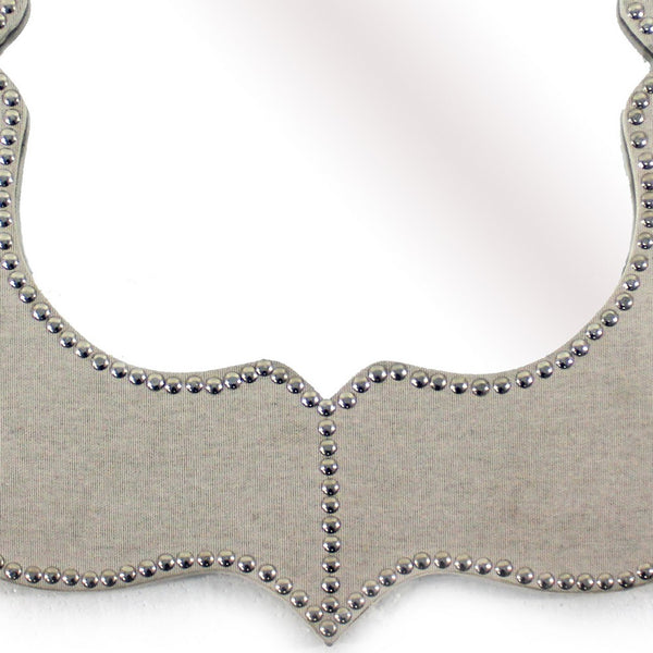 Wooden Quatrefoil Pattern Wall Mirror with Nailhead Trim, Silver and Gray - BM211045