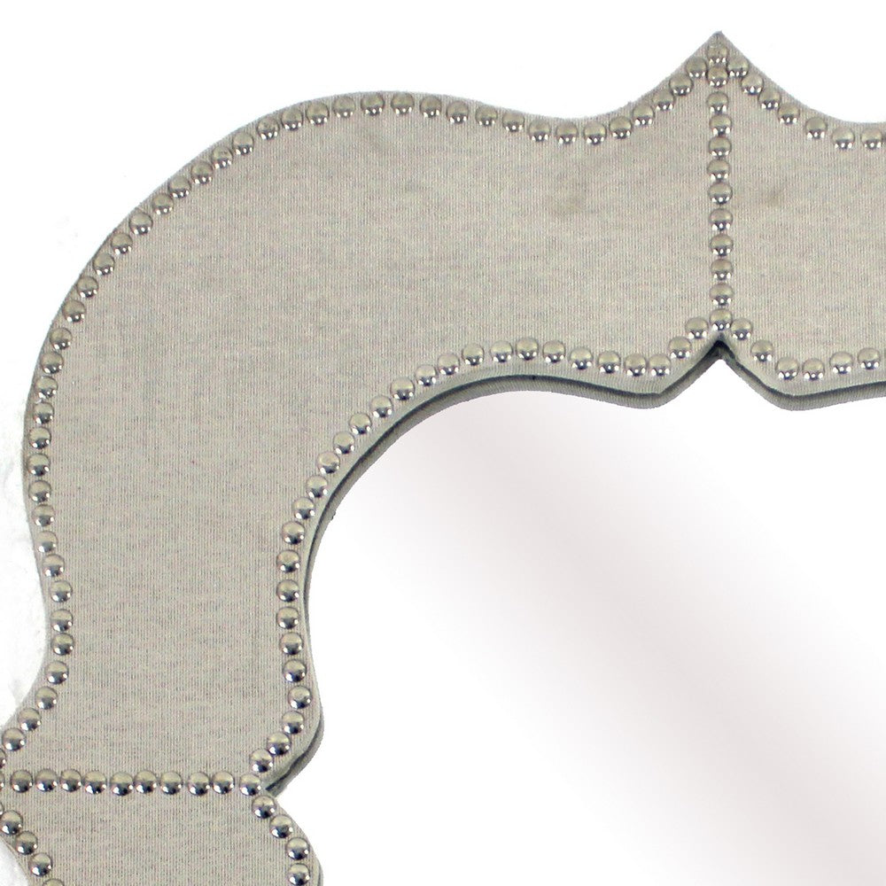 Wooden Quatrefoil Pattern Wall Mirror with Nailhead Trim, Silver and Gray - BM211045